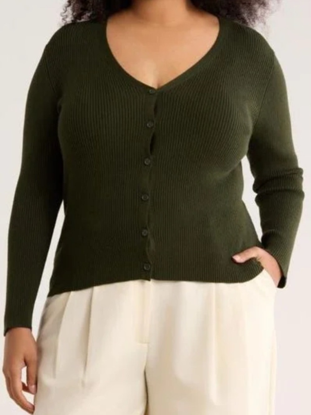 Max Studio Dark Olive Ribbed V-Neck Button Cardigan